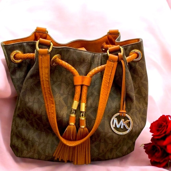 Michael Kors Handbags - Michael Kors SIGNATURE bucket LOGO TOTE  with drawstring tassels MK SHOULDERBAG​